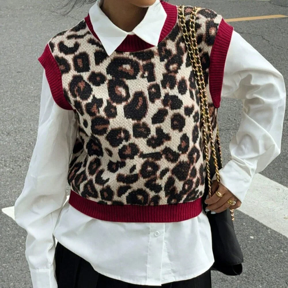 Multicolor Casual Women's Leopard Print Knit Sweater Vest